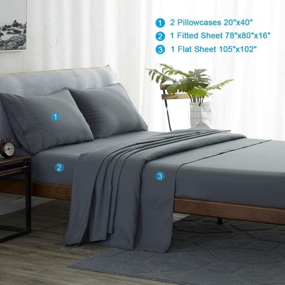 New King Size Dark Grey Microfiber Bed Sheets Set 4 Piece with Fluffy Soft King - Picture 1 of 7